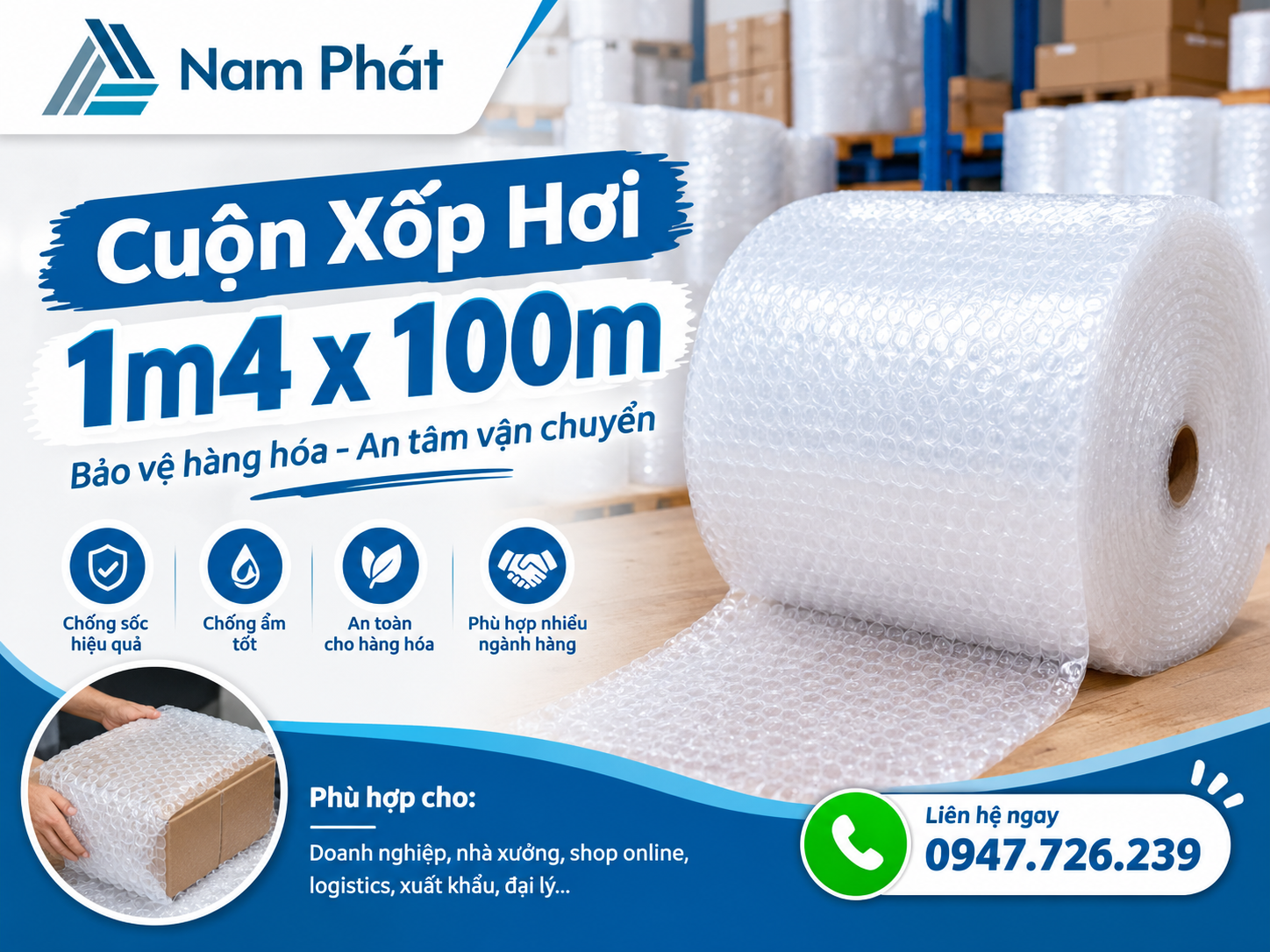 Cuộn xốp hơi 1m4 x 100m dùng để bọc và bảo vệ nội thất, điện tử, đồ gia dụng cùng nhiều loại hàng hóa trong quá trình đóng gói và vận chuyển.